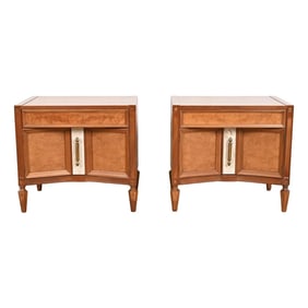 Romweber Mid-Century Hollywood Regency Burl Wood and Travertine Nightstands, Newly Refinished