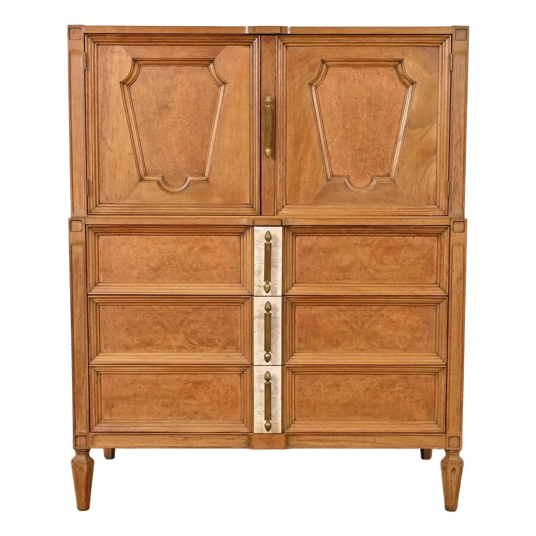 Romweber Mid-Century Hollywood Regency Burl Wood and Travertine Gentleman's Chest, Circa 1960s: A gorgeous Mid-Century Modern Hollywood Regency gentleman's chest By Romweber USA, Circa 1960s Cherry wood case, with burl wood banding and front, and unique Italian travertine and brass hardware. Mea