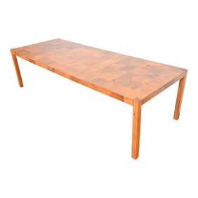 Milo Baughman Style Patchwork Burl Wood Parsons Extension Dining Table, Newly Refinished