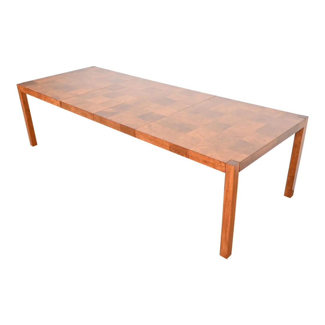 Milo Baughman for Thayer Coggin Patchwork Burl Wood Parsons Extension Dining Table, Newly Refinished: A gorgeous Mid-Century Modern patchwork burl wood Parsons extension dining table By Milo Baughman for Thayer Coggin USA, 1970s Measures: 65"W x 39"D x 28"H. Extends up to 104"W with two 19.5" leaves.