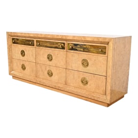 Bernhard Rohne for Mastercraft Burl Wood and Acid Etched Brass Dresser or Credenza, 1970s