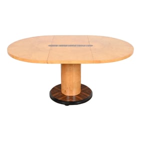 Milo Baughman Style Mid-Century Modern Burl Wood and Macassar Ebony Pedestal Dining Table