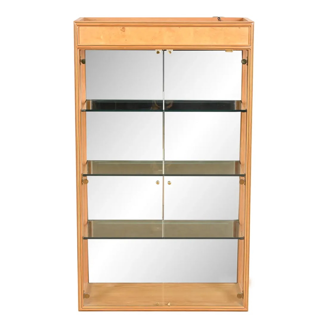 Milo Baughman Style Burl Wood Lighted Bookcase or Display Cabinet by Henredon: A gorgeous Milo Baughman style lighted display cabinet or bookcase with glass front doors By Henredon, "Scene Two" Collection USA, 1980s Burled olive wood, with ash case and ebony inlay. Glass front d