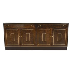 Romweber Mid-Century Hollywood Regency Burl Wood and Brass Sideboard Credenza, Circa 1970s