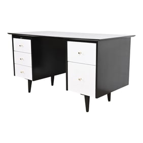 Paul McCobb Planner Group Black and White Lacquered Double Pedestal Desk, Newly Refinished