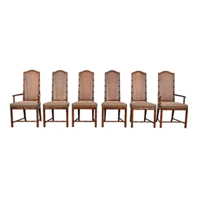 Henredon Mid-Century Hollywood Regency Walnut and Cane Bamboo Form High Back Dining Chairsg\g
