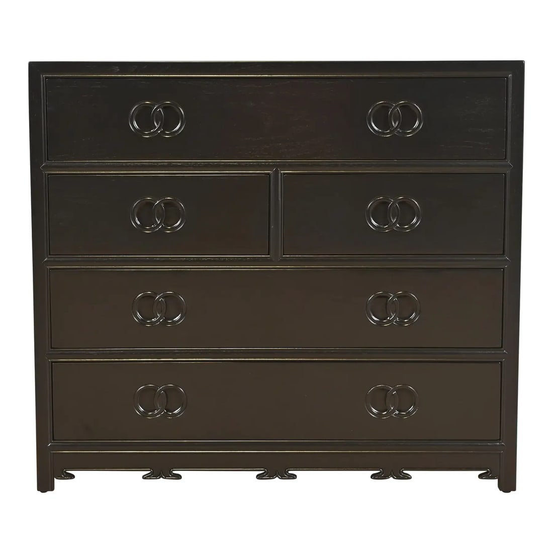 Michael Taylor for Baker Far East Collection Black Lacquered Dresser Chest, Newly Refinished: A stunning mid-century modern Hollywood Regency Chinoiserie five-drawer dresser or chest of drawers By Michael Taylor for Baker Furniture, "Far East" Collection USA, 1960s Black lacquered walnut, with