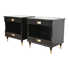John Widdicomb Mid-Century Modern Hollywood Regency Black Lacquered Nightstands, Newly Refinished
