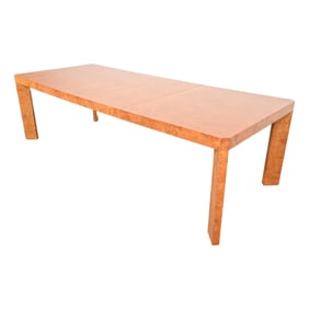 Milo Baughman Style Mid-Century Modern Burl Wood Parsons Extension Dining Table, Newly Refinished