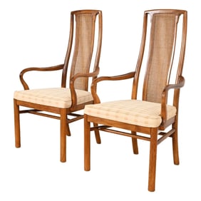 Drexel Heritage Mid-Century Modern Walnut and Cane High Back Dining Armchairs, Pair