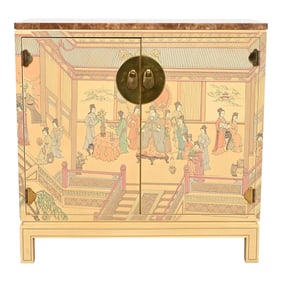 Drexel Heritage Hollywood Regency Chinoiserie Hand-Painted Cream Lacquered Bar Cabinet