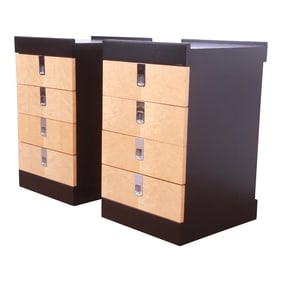 Baker Furniture Mid-Century Modern Birdseye Maple and Ebonized Bedside Chests, Newly Refinished