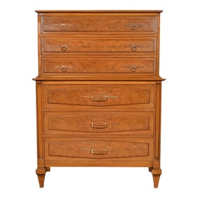 Romweber Mid-Century Hollywood Regency Walnut and Burl Wood Highboy Dresser, Circa 1960s