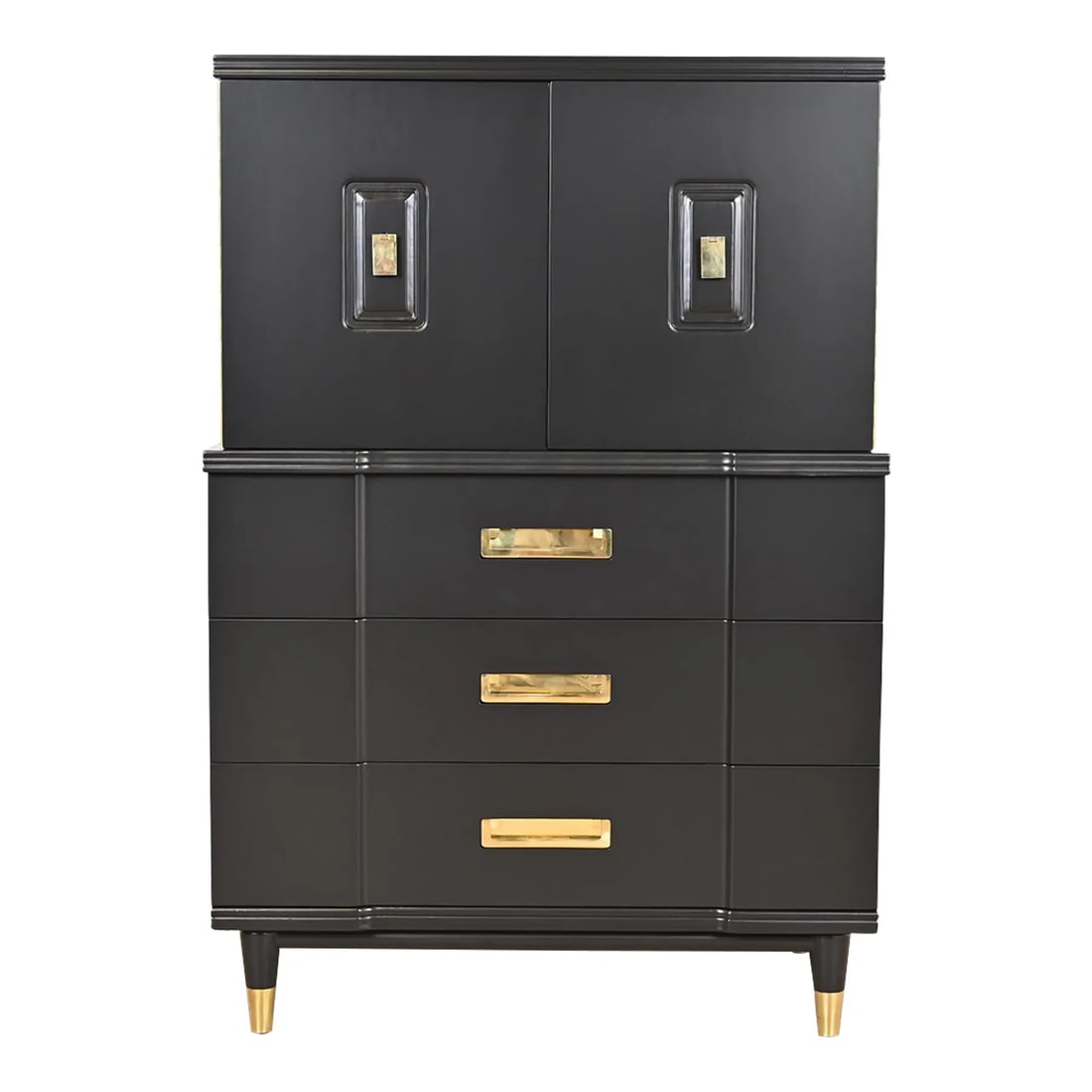 John Widdicomb Hollywood Regency Campaign Black Lacquered Gentleman's Chest, Newly Refinished: An exceptional Mid-Century Modern Hollywood Regency or Campaign style highboy dresser or gentleman's chestBy John WiddicombUSA, 1950sBlack lacquered solid cherry wood, with original brass hardware