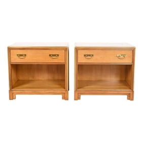 Michael Taylor for Baker Furniture Mid-Century Hollywood Regency Cherry Wood and Brass Nightstands,