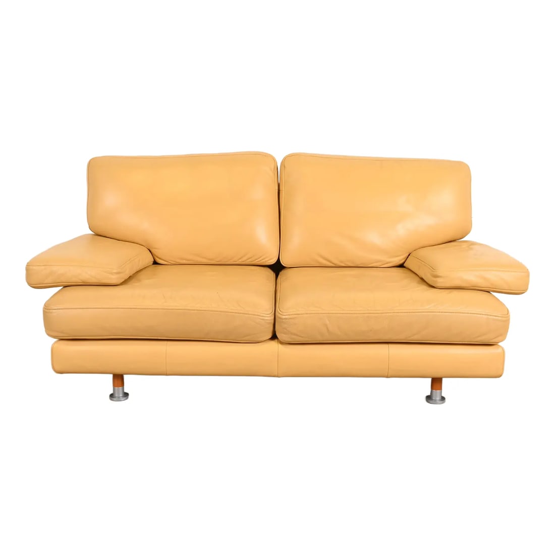 Ligne Roset Modern Yellow Leather Sofa or Loveseat: A gorgeous Modern sofa or loveseat By Ligne Roset France, Circa 1970s Measures: 69"W x 35.5"D x 32"H. Seat height: 16". Arm height: 20". Very good original vintage condition.