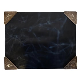 Tiffany Studios New York Silvered Bronze and Abalone Blotter Corners With Leather Desk Blotter