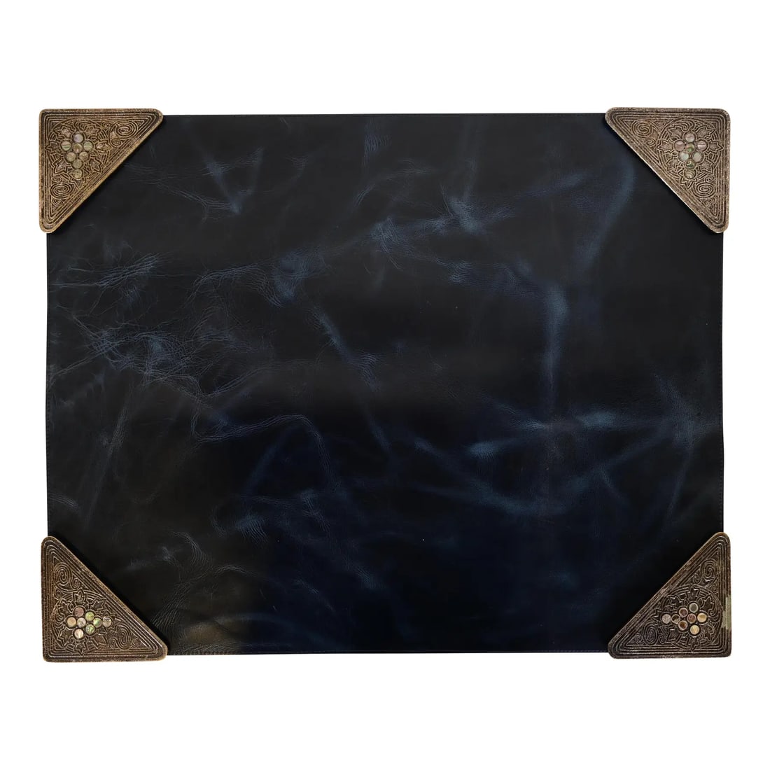 Tiffany Studios New York Silvered Bronze and Abalone Blotter Corners With Leather Desk Blotter: A gorgeous set of four Art Deco or Arts & Crafts period silvered bronze and abalone blotter corners, with a custom blue leather desk blotter. By Tiffany Studios (blotter corners signed to the undersid