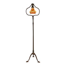 Tiffany Studios New York Bronze Harp Floor Lamp With Favrile Glass Shade