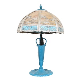 Handel Style Antique Art Nouveau Slag Glass Turquoise Table Lamp With Palm Tree Motif, Circa 1920s