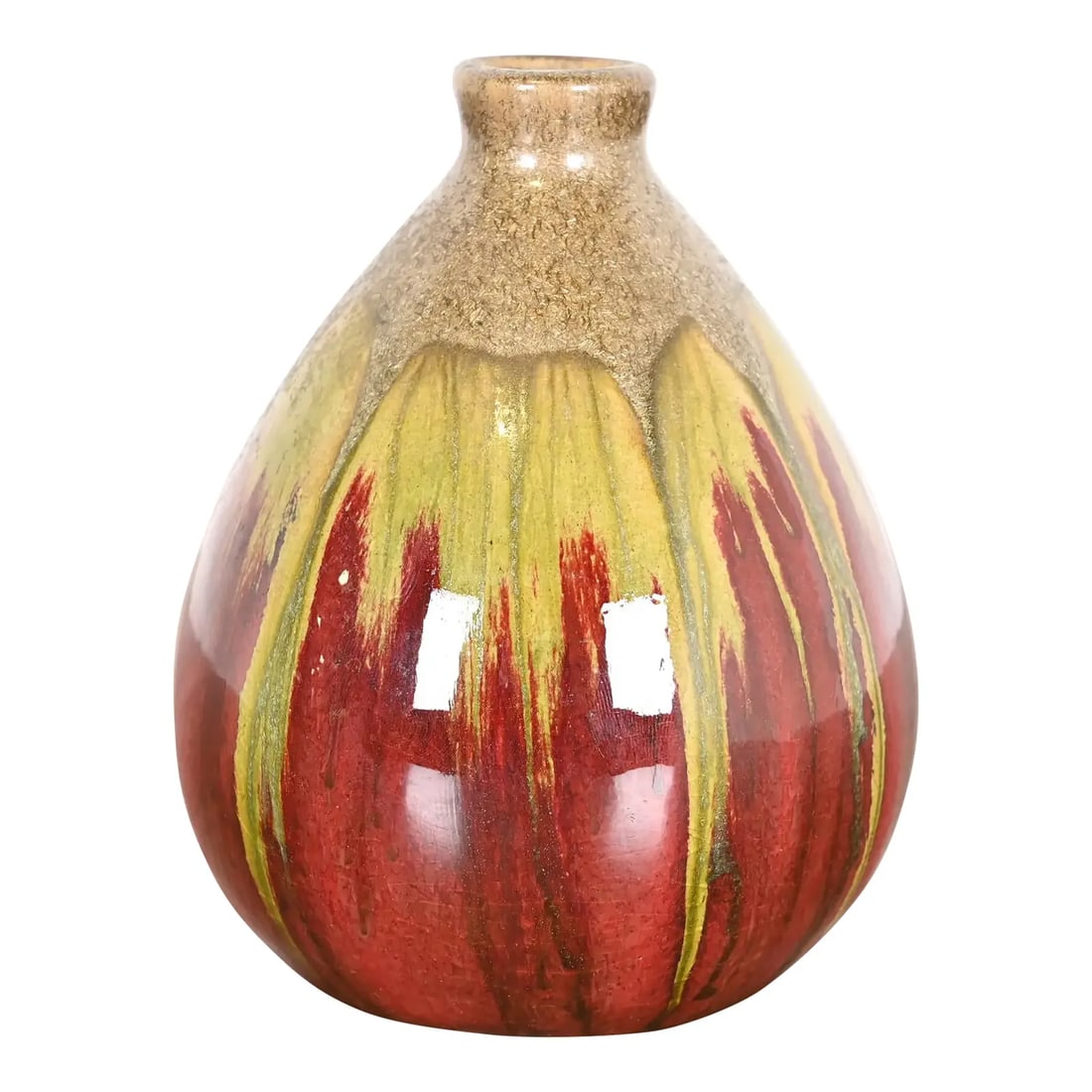 Modern Drip Glazed Ceramic Bud Vase: A gorgeous Modern drip glazed ceramic art pottery vase In the style of Rookwood Pottery Circa Late 20th Century Glazed ceramic combining gold, green, red and yellow tones. Measures: 4"W x 4"D x 5"H. G