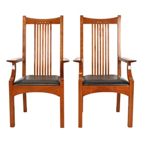 Stickley Mission Arts & Crafts Cherry Wood High Back Spindle Armchairs, Pair