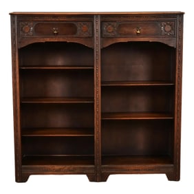 Lifetime Antique Arts & Crafts Carved Oak Double Bookcase, Circa 1900