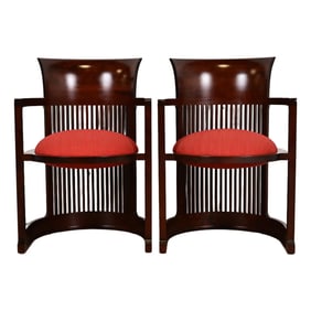 Frank Lloyd Wright for Cassina Arts & Crafts Dark Cherry Wood Barrel Chairs, Pair