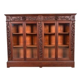 R. J. Horner Style Antique Victorian Carved Walnut Double Bookcase Cabinet, Circa 1890s