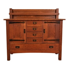 L. & J. G. Stickley Antique Mission Oak Arts & Crafts Strap Hinge Sideboard, Circa 1910