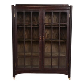 Stickley Brothers Style Antique Mission Oak Arts & Crafts Glass Front Double Bookcase Cabinet