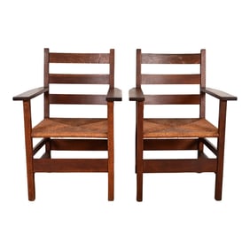 Gustav Stickley Antique Mission Oak Arts & Crafts Ladder Back Armchairs With Rush Seats, Pair
