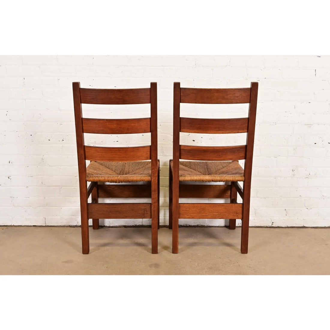 Gustav Stickley Antique Mission Oak Arts & Crafts Ladder Back Dining Chairs With Rush Seats, Pair - 10