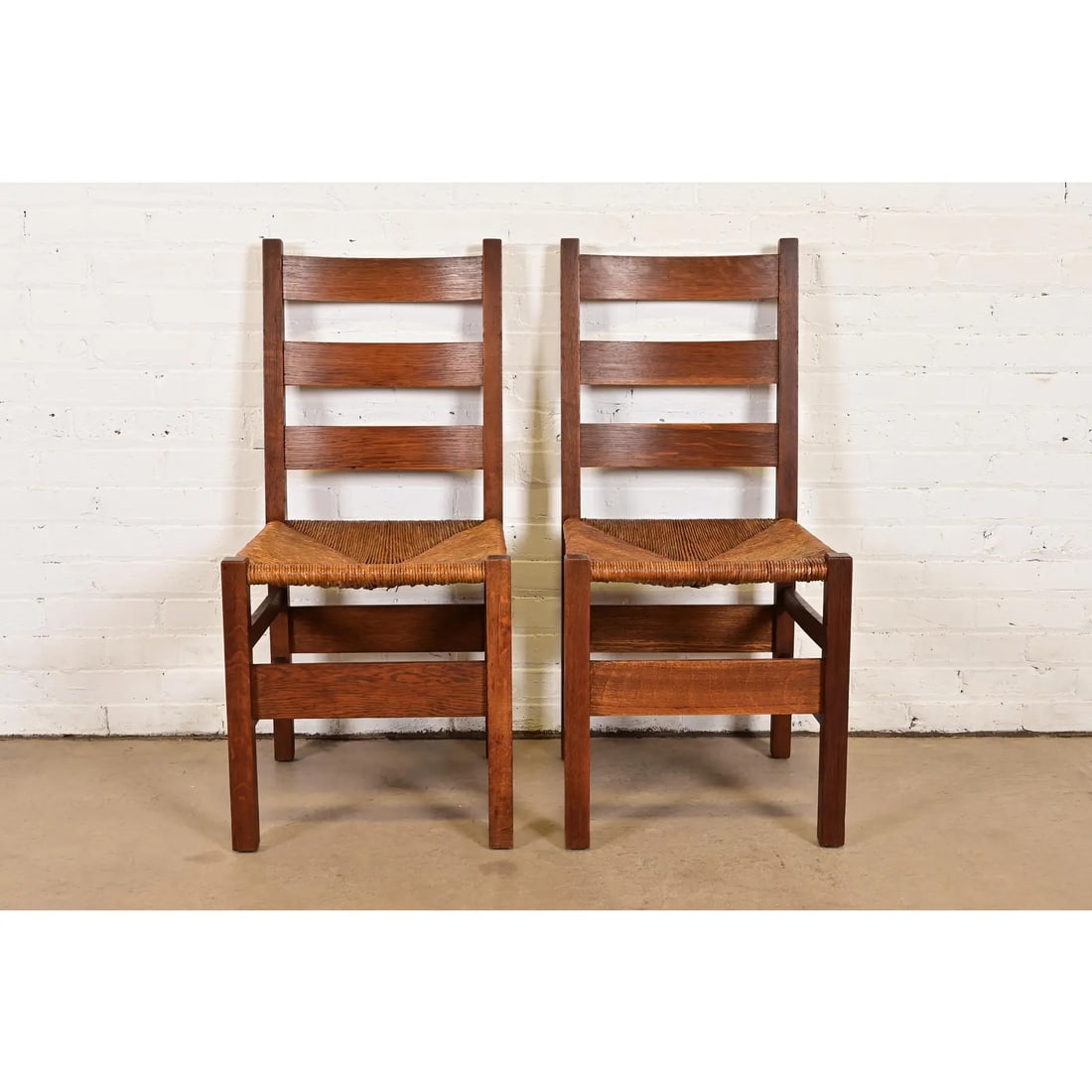 Gustav Stickley Antique Mission Oak Arts & Crafts Ladder Back Dining Chairs With Rush Seats, Pair - 12