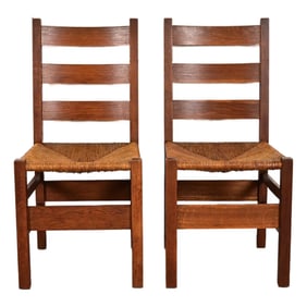 Gustav Stickley Antique Mission Oak Arts & Crafts Ladder Back Dining Chairs With Rush Seats, Pair