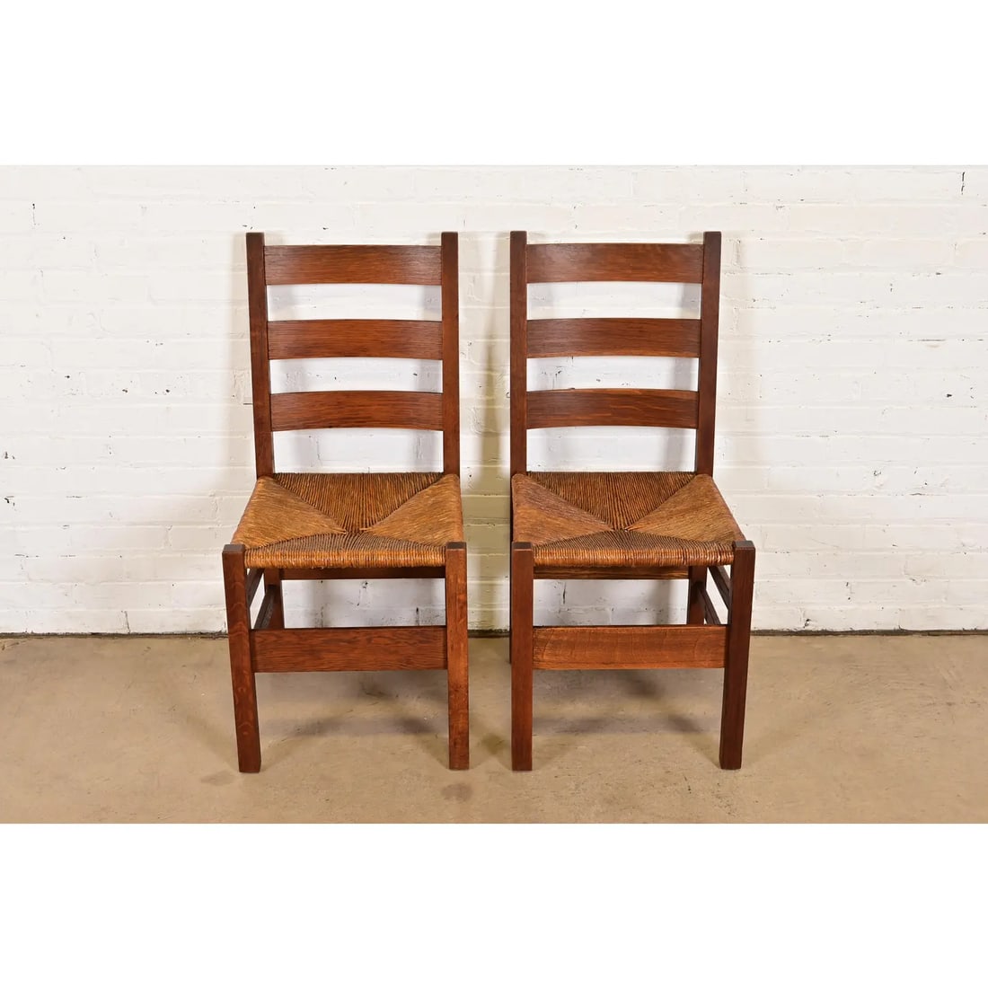 Gustav Stickley Antique Mission Oak Arts & Crafts Ladder Back Dining Chairs With Rush Seats, Pair - 2