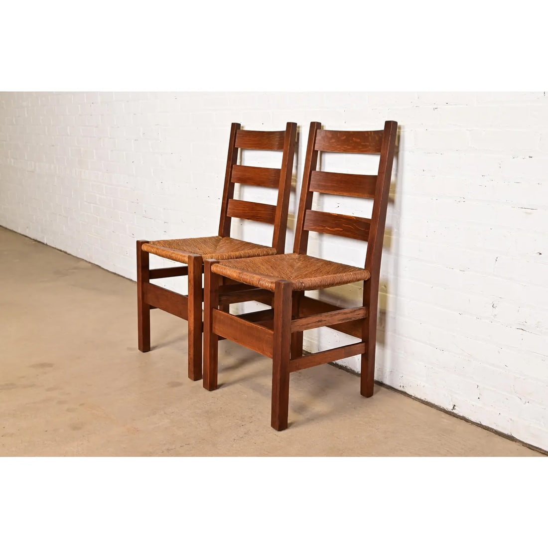 Gustav Stickley Antique Mission Oak Arts & Crafts Ladder Back Dining Chairs With Rush Seats, Pair - 3