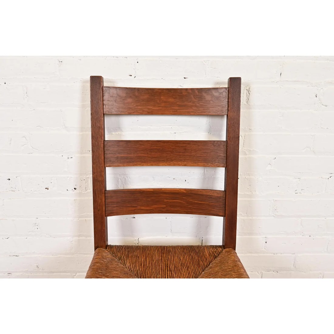 Gustav Stickley Antique Mission Oak Arts & Crafts Ladder Back Dining Chairs With Rush Seats, Pair - 6