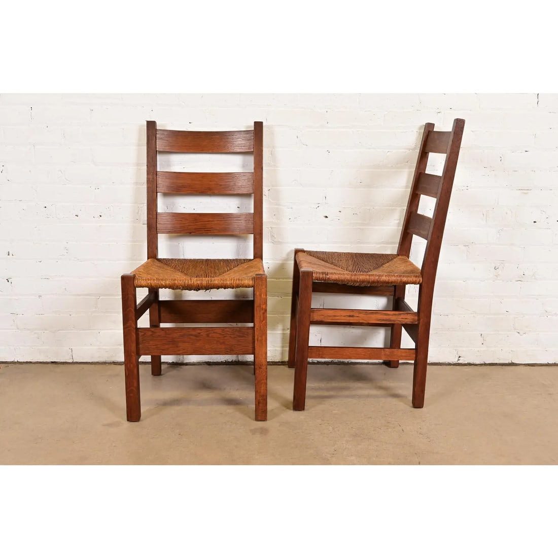 Gustav Stickley Antique Mission Oak Arts & Crafts Ladder Back Dining Chairs With Rush Seats, Pair - 9