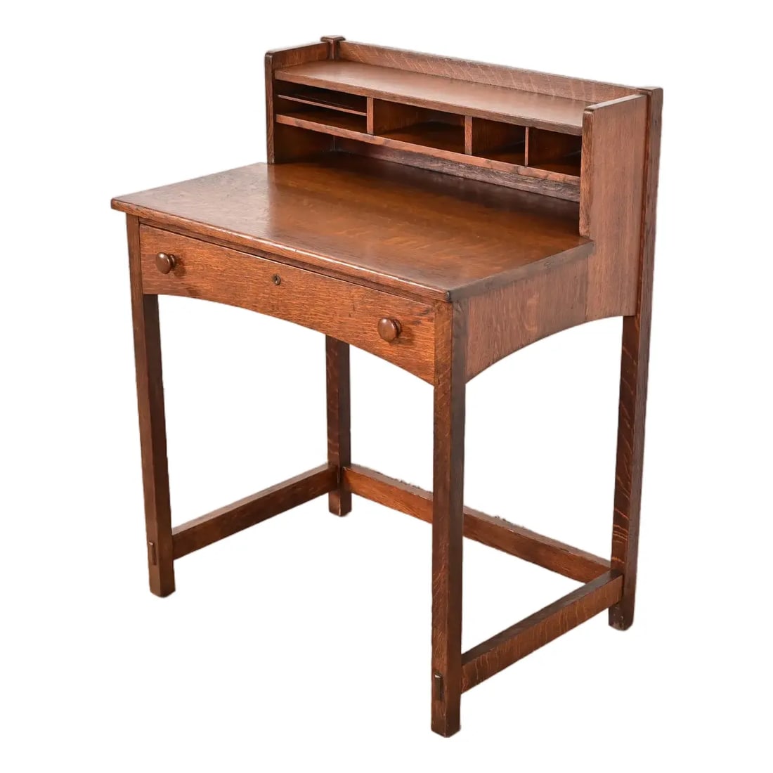 Limbert Antique Mission Oak Arts & Crafts Writing Desk, Circa 1910: An exceptional antique Mission or Arts & Crafts period writing desk or postcard deskBy Charles P. Limbert Co.USA, Circa 1910Measures: 30"W x 21"D x 38.25"H. Desk height: 30".Very good original