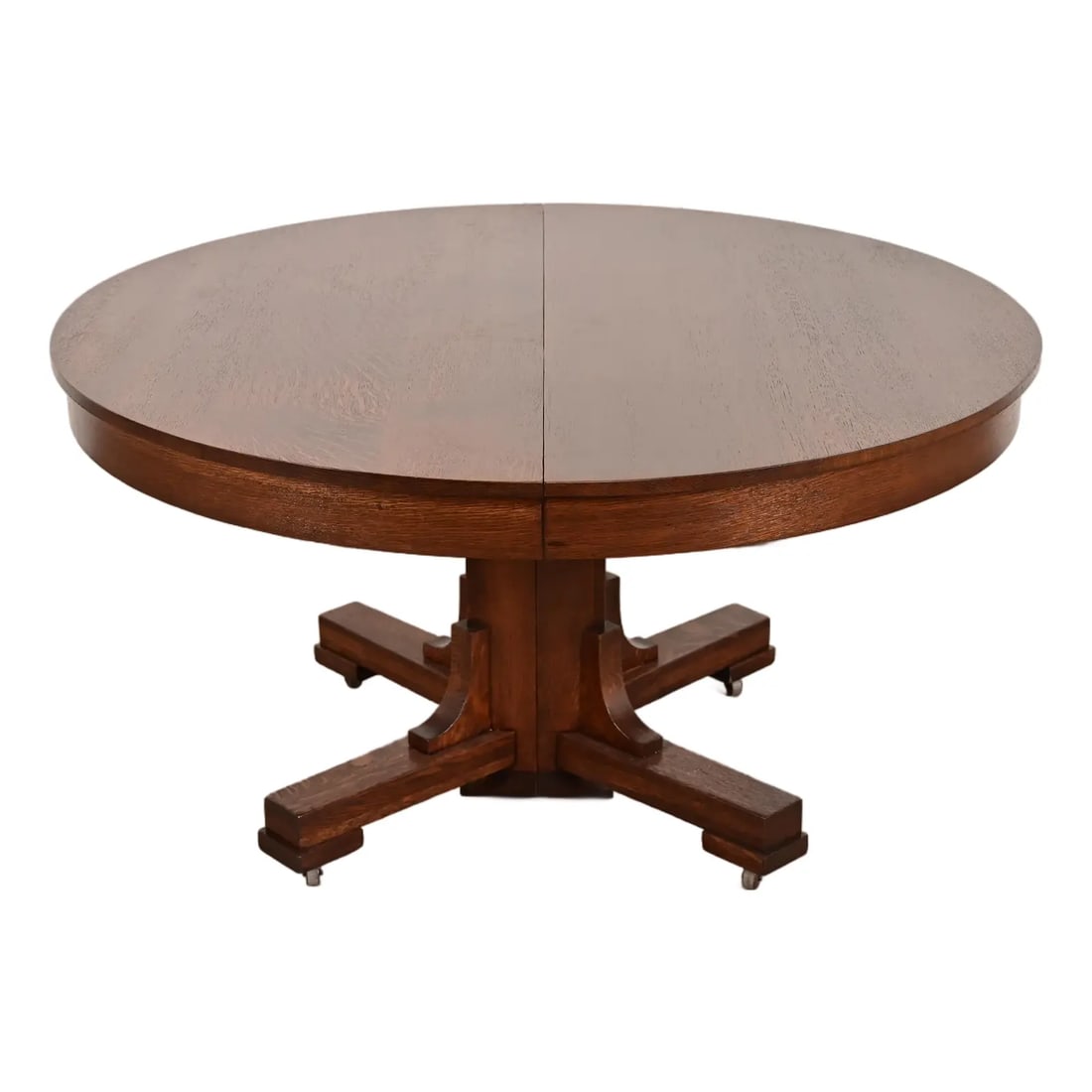 Stickley Brothers Style Antique Mission Oak Arts & Crafts Pedestal Extension Dining Table: An exceptional antique Mission or Arts & Crafts period quarter sawn oak split pedestal extension dining tableIn the manner of Stickley BrothersBy HastingsUSA, Early 20th CenturyMeasures: 54"W x 54"D