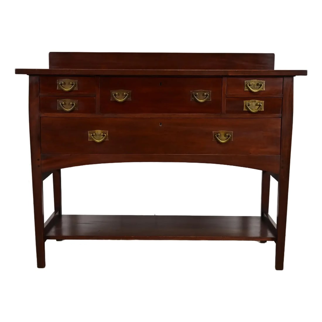 Early Harvey Ellis for Gustav Stickley Antique Mission Arts & Crafts Mahogany Sideboard, Circa 1905: A rare and exceptional antique Mission or Arts & Crafts period sideboard, buffet server, or bar cabinet Designed by Harvey Ellis for Gustav StickleyUSA, Circa 1905Mahogany, with original hammered