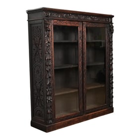 R. J. Horner Style Antique Victorian Carved Oak Bookcase Cabinet, Circa 1880s