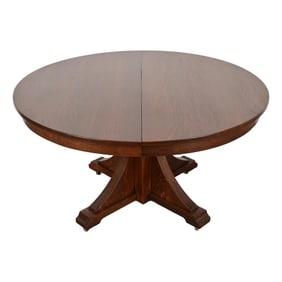 Stickley Brothers Antique Mission Oak Arts & Crafts Pedestal Extension Dining Table, Newly