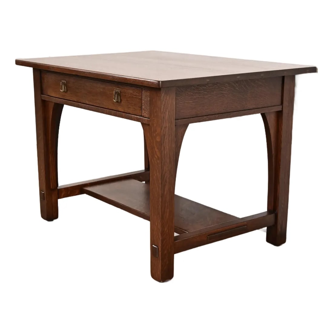 Limbert Antique Mission Oak Arts & Crafts Desk or Library Table, Newly Refinished: An exceptional antique Mission or Arts & Crafts period library table or writing deskBy Charles P. Limbert Co.USA, Circa 1910Quarter sawn oak, with original copper hardware.Measures: 42"W x 30"D x