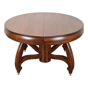 Limbert Style Antique Arts & Crafts Tiger Oak Pedestal Extension Dining Table, Newly Refinished