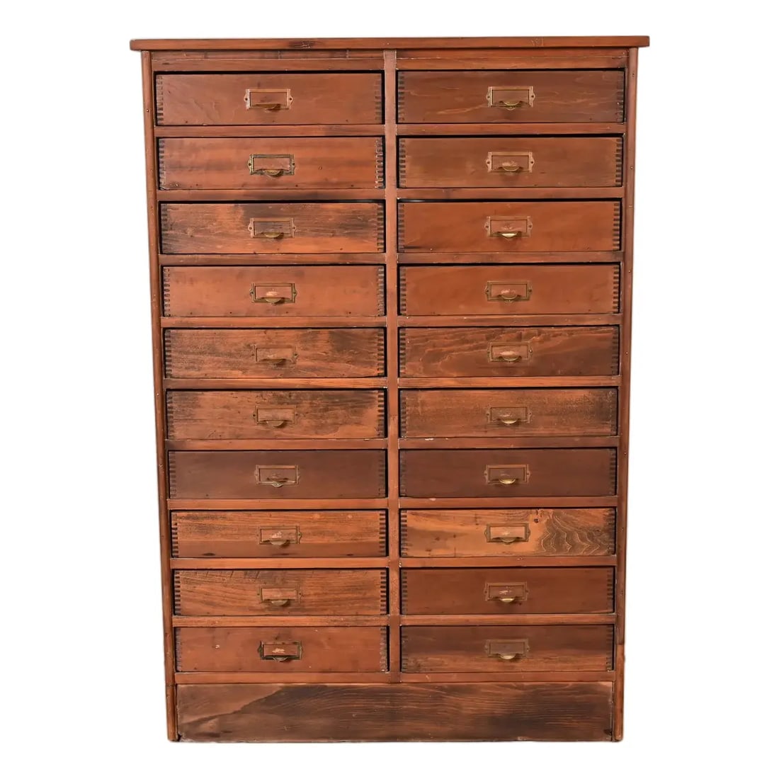 Antique Arts & Crafts Pine 20-Drawer Filing Cabinet or Apothecary Cabinet, Circa 1900: An exceptional antique Arts & Crafts 20-drawer card catalog, file cabinet, or apothecary cabinet USA, Circa 1900 Pine, with beautiful exposed dovetail joints on the drawers, and original brass hardwar