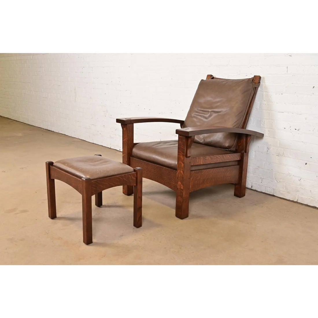 Gustav Stickley Mission Oak Arts & Crafts Bow Arm Reclining Morris Lounge Chair With Ottoman - 2