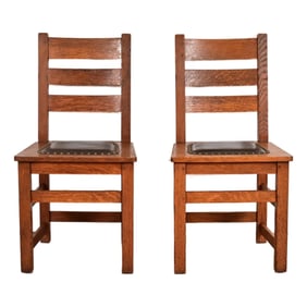 Limbert Antique Mission Oak Arts & Crafts Ladder Back Side Chairs or Dining Chairs, Pair