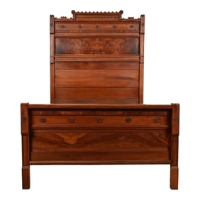 Herter Brothers Style Antique Monumental Eastlake Victorian Carved Burled Walnut Full Size Bed
